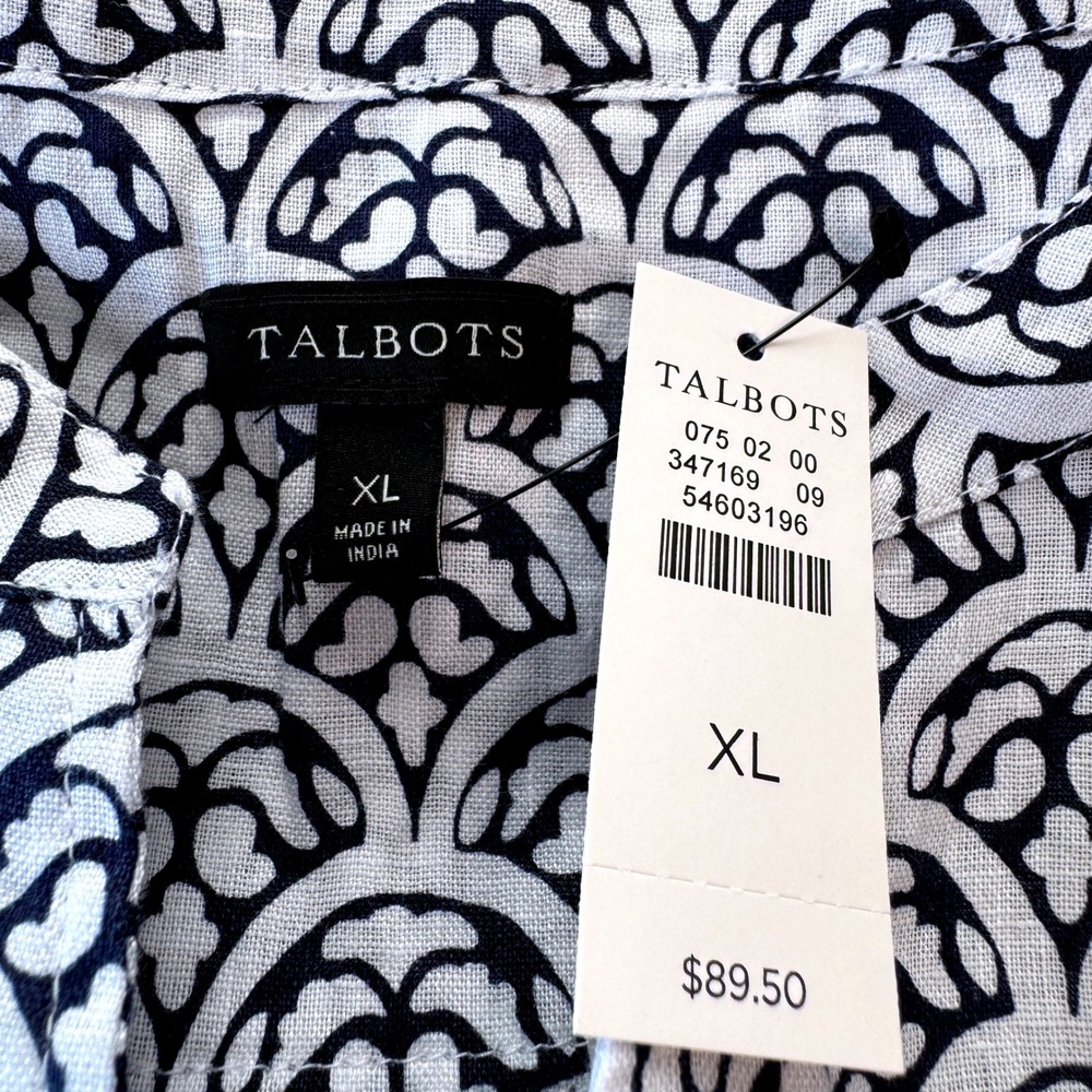 TALBOTS NEW 100% Linen Tunic Top XL Roll Tab Long Sleeve Navy White Tab Front - Picture 4 of 9